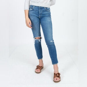 Anthropologie AMO Hugh Rise Babe Jeans Wash Thrifted W/Destroy Size 28